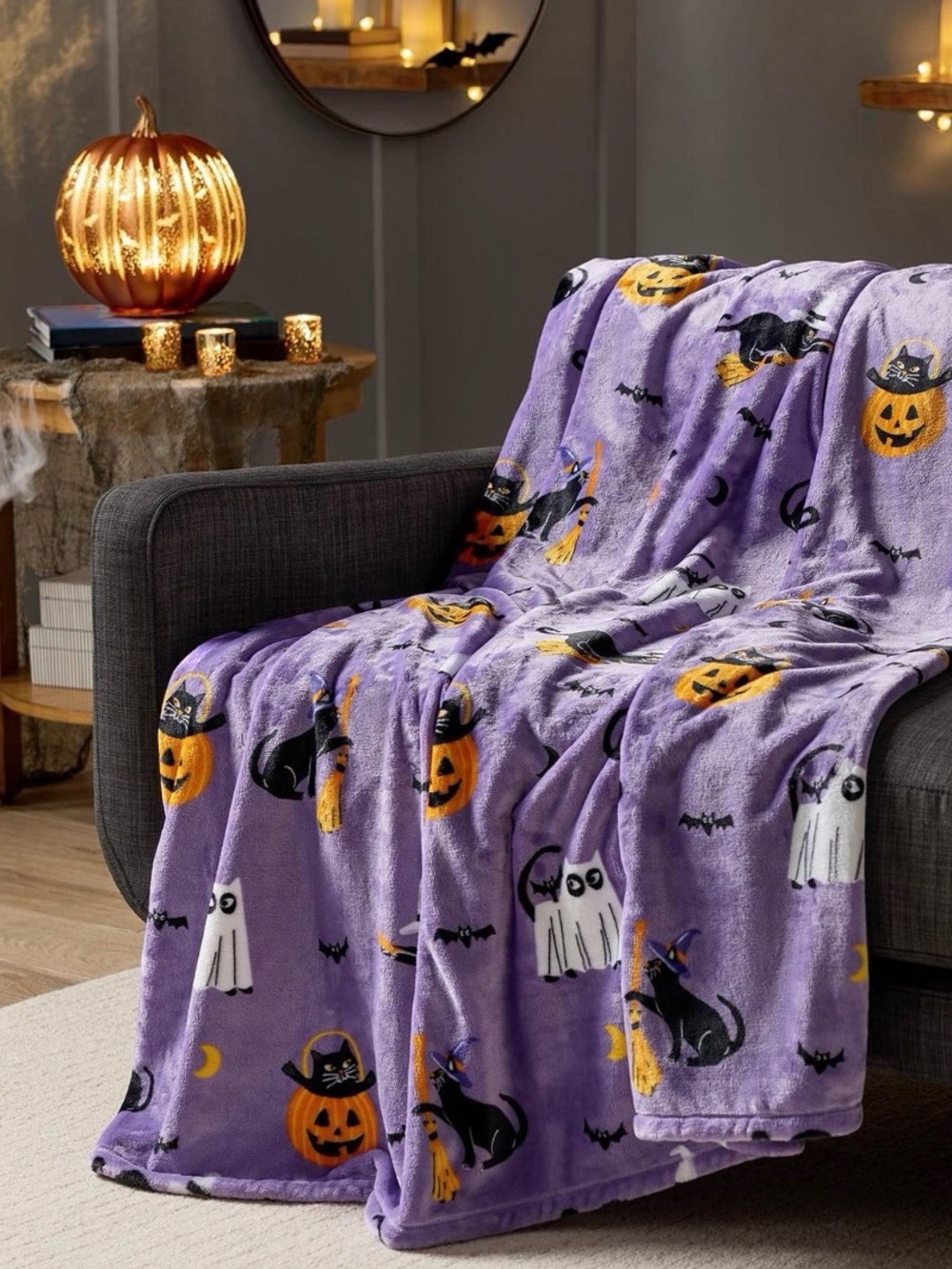 Black Cat Halloween Lounge Throw in purple NWT
